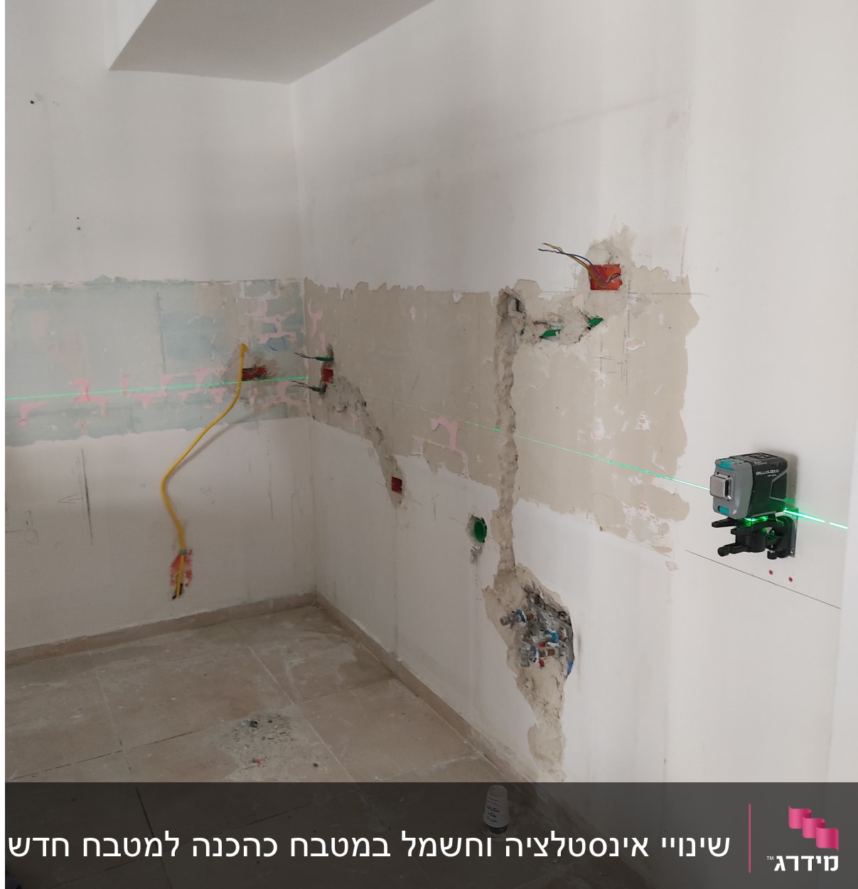 קיר עם חיווט חשמלי וצנרת חשופה